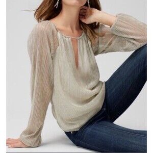 WHBM Crinkle Pleat Lurex On Ecru Cut Out Blouse Metallic Holiday Sz XS NWOT